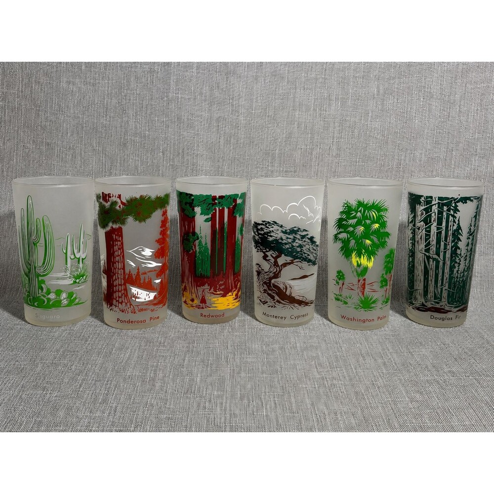 Vintage Libbey California Trees Frosted Souvenir Glasses Set of 6 MCM Tumblers